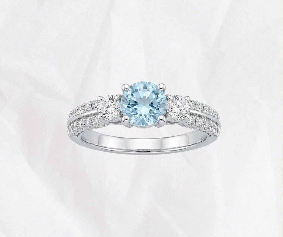Natural Aquamarine Ring — Round Cut Three Stone