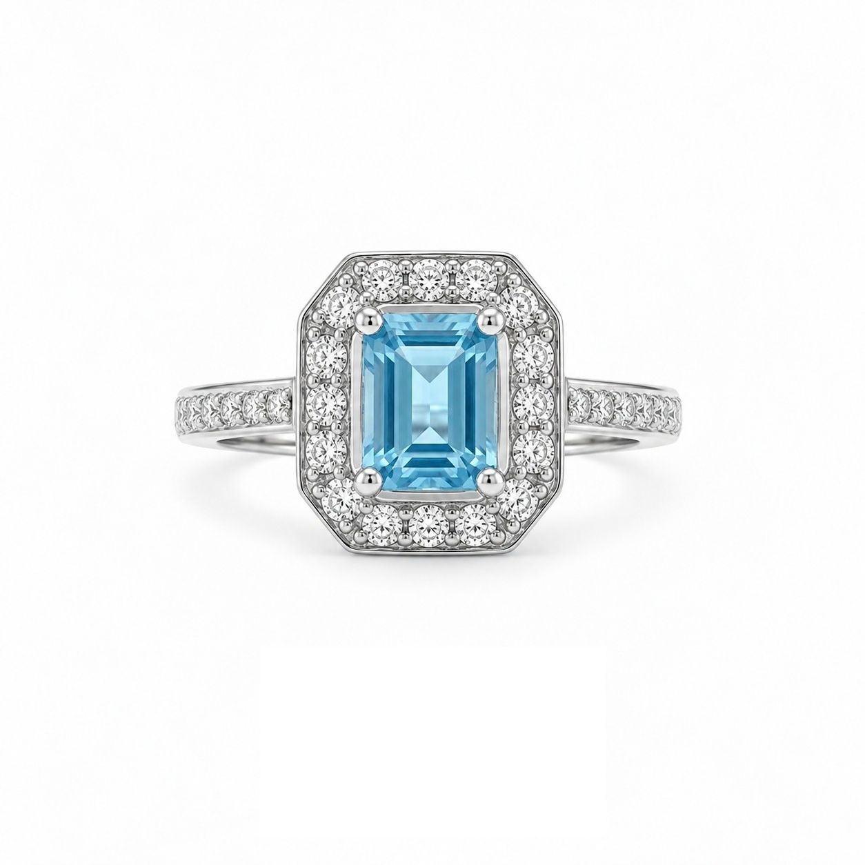 Natural Blue Topaz Ring — Emerald Cut Octagonal Halo