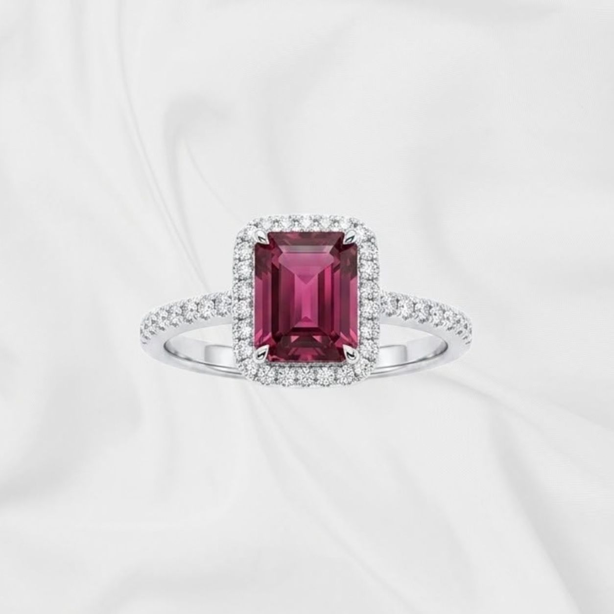 Natural Red Garnet Halo Ring — Emerald Cut, view 2